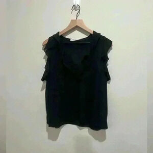 Alice + Olivia Gia Black Ruffle Cold Shoulder Top Medium